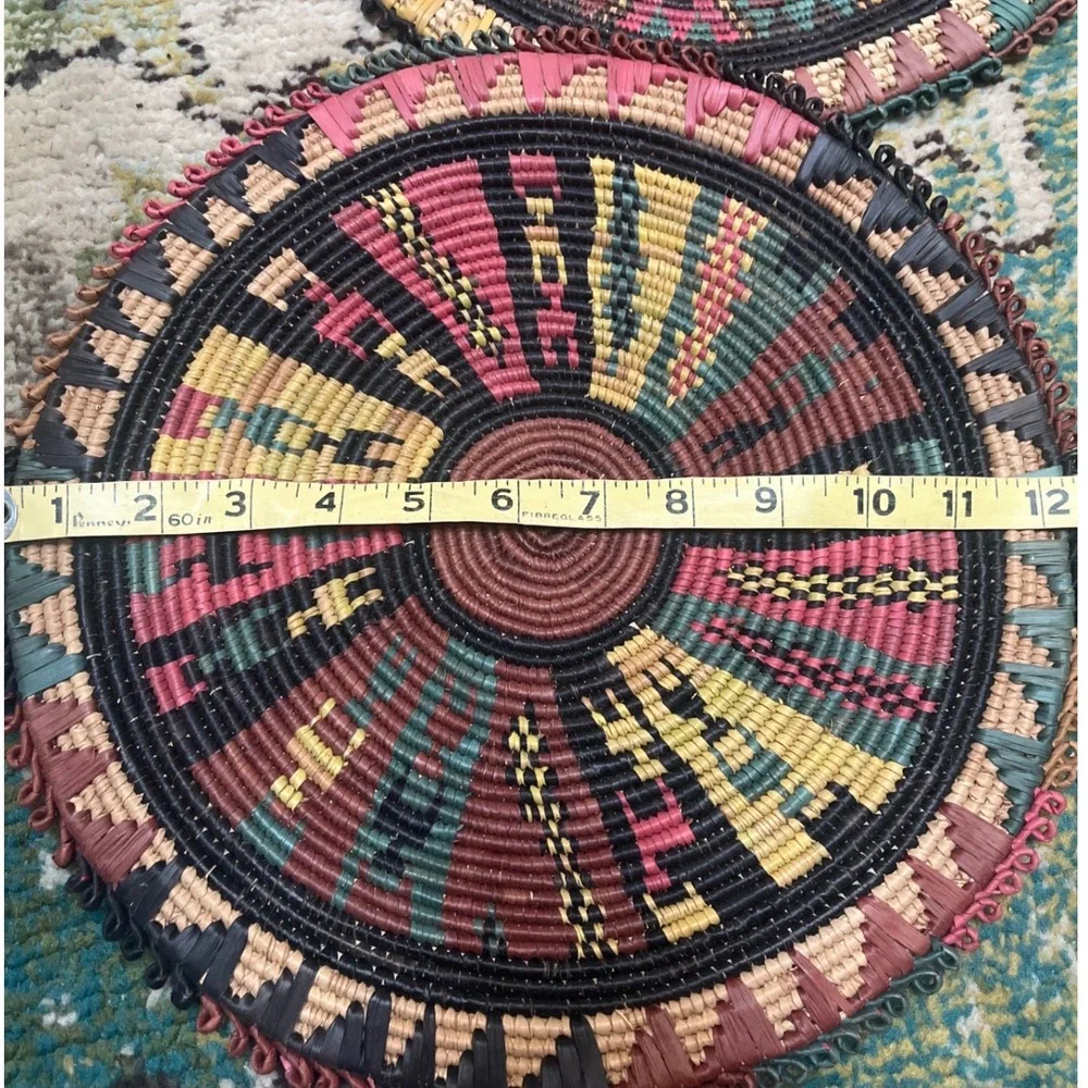 Vtg African Coiled Flat Baskets Set 4 Mismatched Geometric‎ Boho Trays Placemats